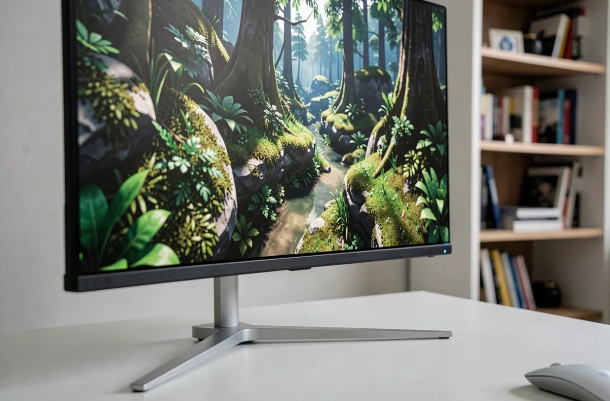 Gros plan sur un écran OLED 1440p affichant un jeu avec des détails ultra-précis et un contraste exceptionnel