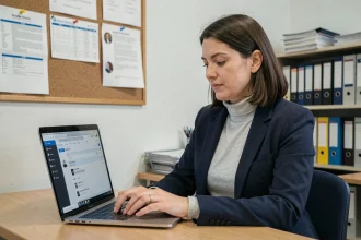 Enseignante consultant sa boîte mail académique Nantes sur un ordinateur portable dans un bureau scolaire