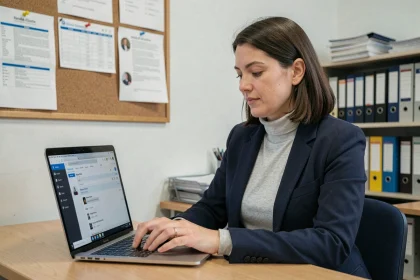 Enseignante consultant sa boîte mail académique Nantes sur un ordinateur portable dans un bureau scolaire