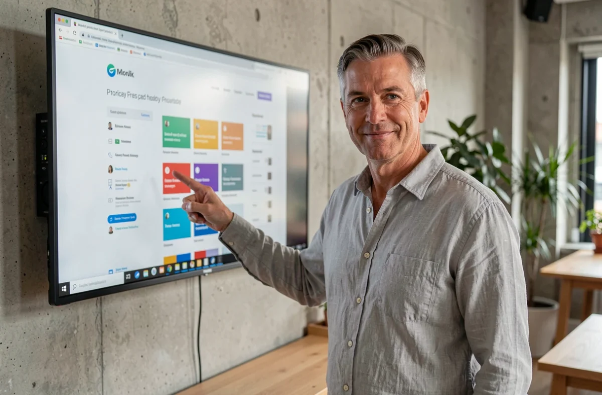 Entrepreneur pointant un écran de gestion de site web dans un espace de coworking moderne, symbolisant la prise en main simplifiée offerte par geckodesign.fr