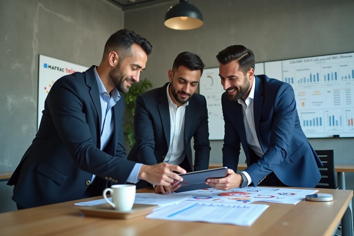 Équipe de professionnels analysant les coûts de flotte mobile eSIM Maroc Telecom lors d'une réunion en coworking