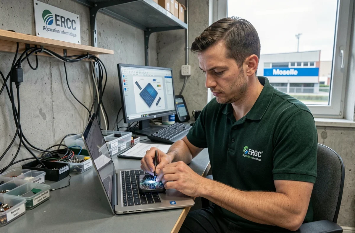 Technicien ERGC Réparation Informatique réparant simultanément un smartphone et un ordinateur portable
