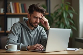 Homme frustré devant son ordinateur face à une erreur 20 sur sa Freebox