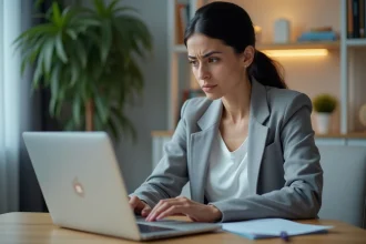 Femme frustrée devant une erreur de connexion sur un service cloud sur son ordinateur portable