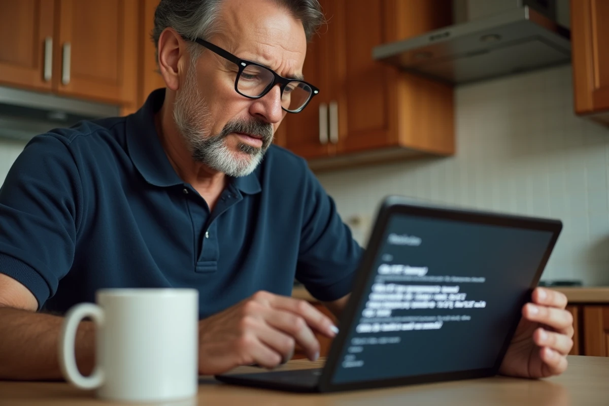 Homme résolvant une erreur d'authentification SMTP sur le webmail 1and1 depuis une tablette dans une cuisine
