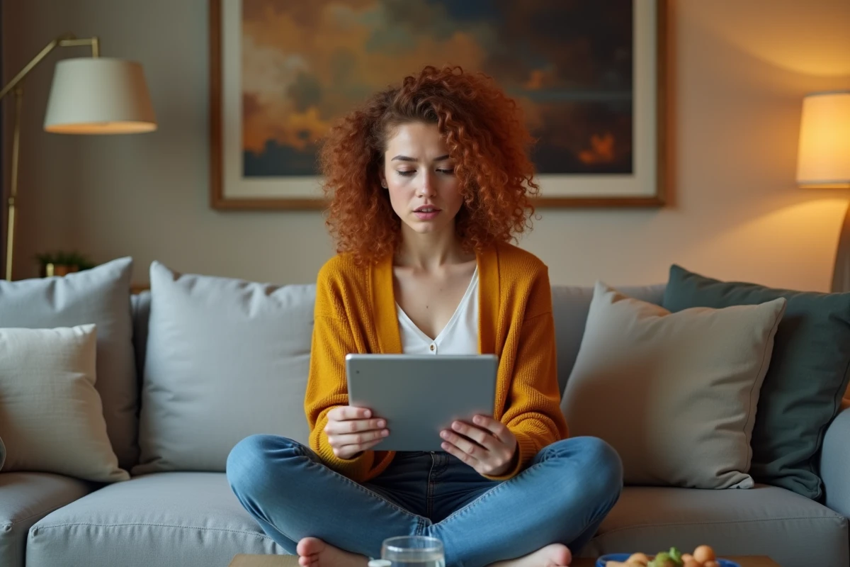 Jeune femme perplexe consultant une erreur de synchronisation cloud sur une tablette dans son salon