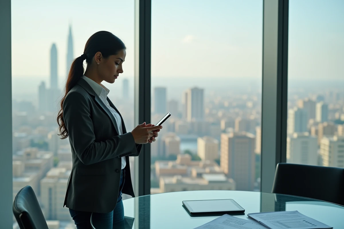 Femme cadre utilisant deux smartphones avec eSIM pour optimiser les communications professionnelles à Casablanca