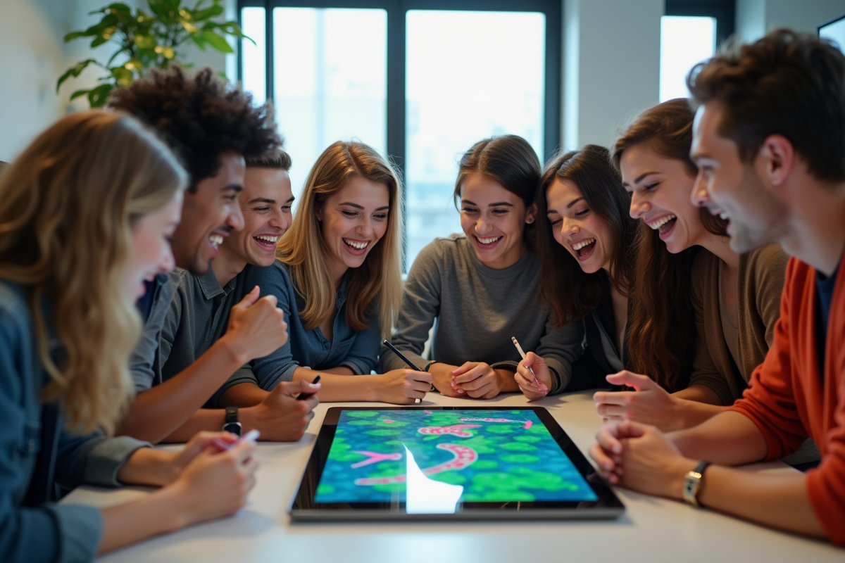 Groupe de jeunes dans un bureau jouant à un jeu snake numérique
