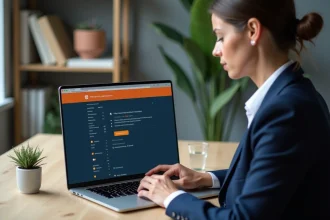 Femme professionnelle configurant les paramètres de sécurité de sa messagerie Orange sur un ordinateur portable dans un bureau à domicile moderne