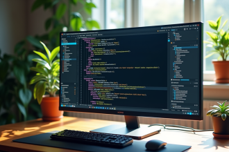 Espace de travail moderne avec moniteur React JS lumineux