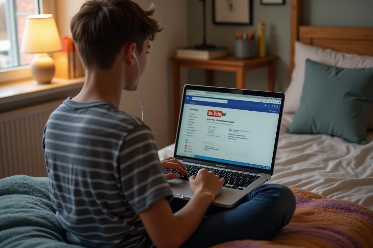 Étudiant utilisant un convertisseur en ligne gratuit pour extraire l'audio d'une vidéo YouTube en format WAV depuis sa chambre