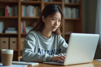 Étudiante consultant ses résultats d'examens sur l'intranet de l'université Lyon 3 depuis son appartement