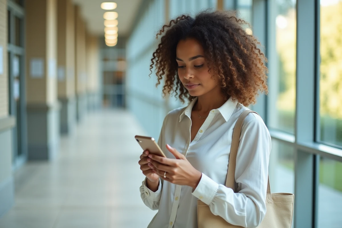 Jeune étudiante consultant l'intranet Lyon 3 sur son smartphone dans un couloir de l'université