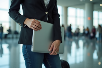 Jeune femme d'affaires préparant son ordinateur dans un aéroport