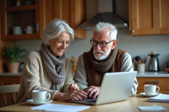 Femme aidant son père âgé avec une tablette à la maison