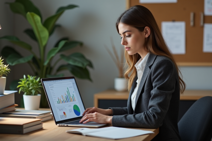 Jeune femme analyse des graphiques SEO sur son ordinateur