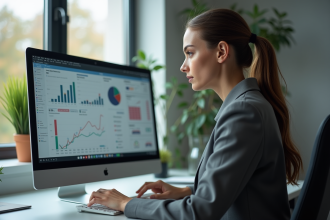 Jeune femme professionnelle analysant des graphiques sur son ordinateur