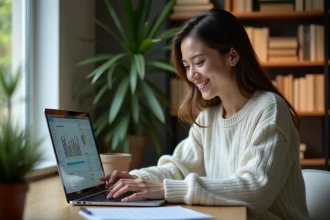 Jeune femme souriante analysant des rapports SEO sur son ordinateur