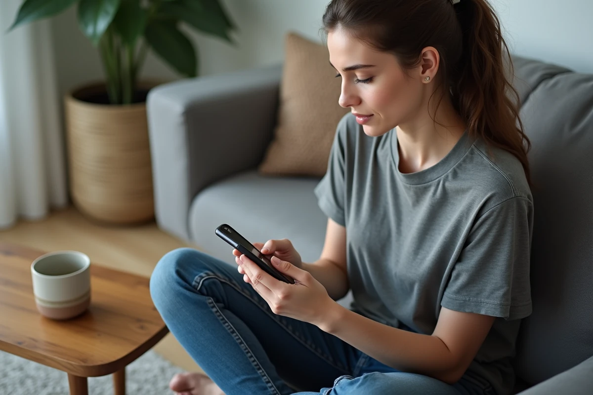 Jeune femme utilisant un smartphone Android dans un salon