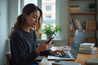 Femme utilisant son smartphone pour une authentification à deux facteurs