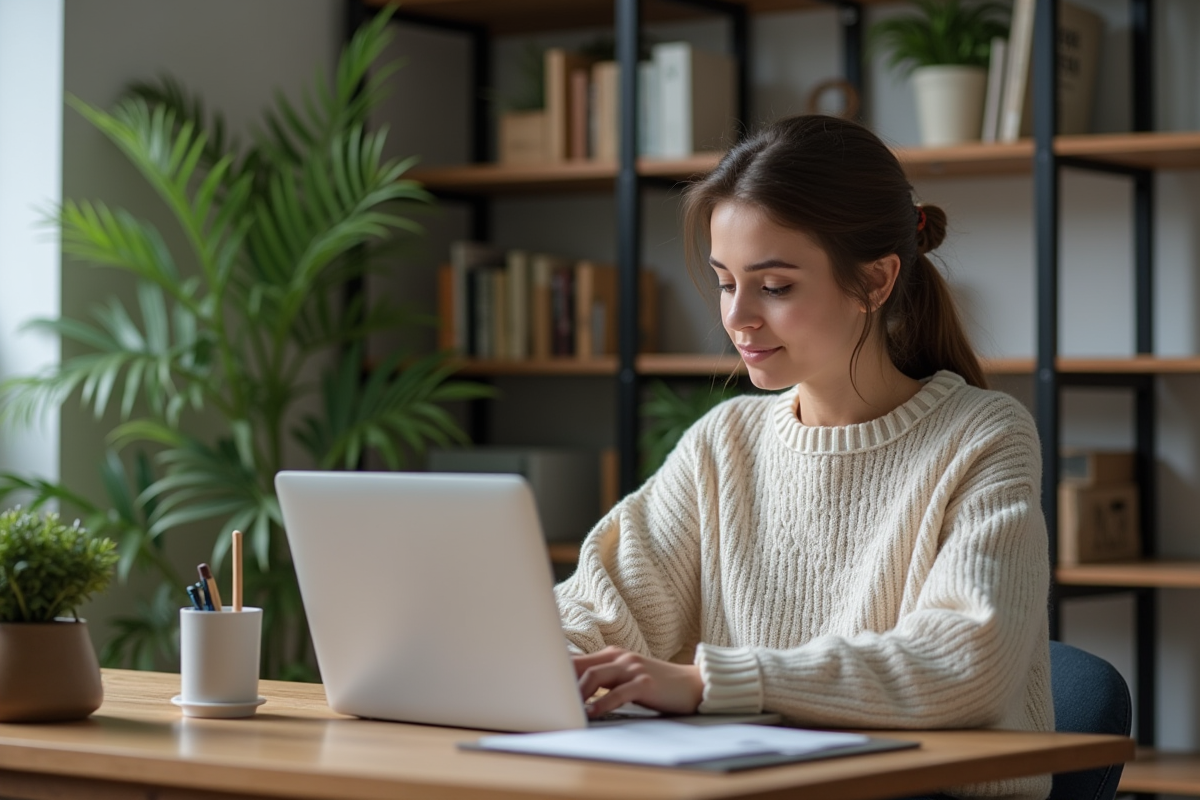 Femme assise à un bureau moderne utilisant un chatbot