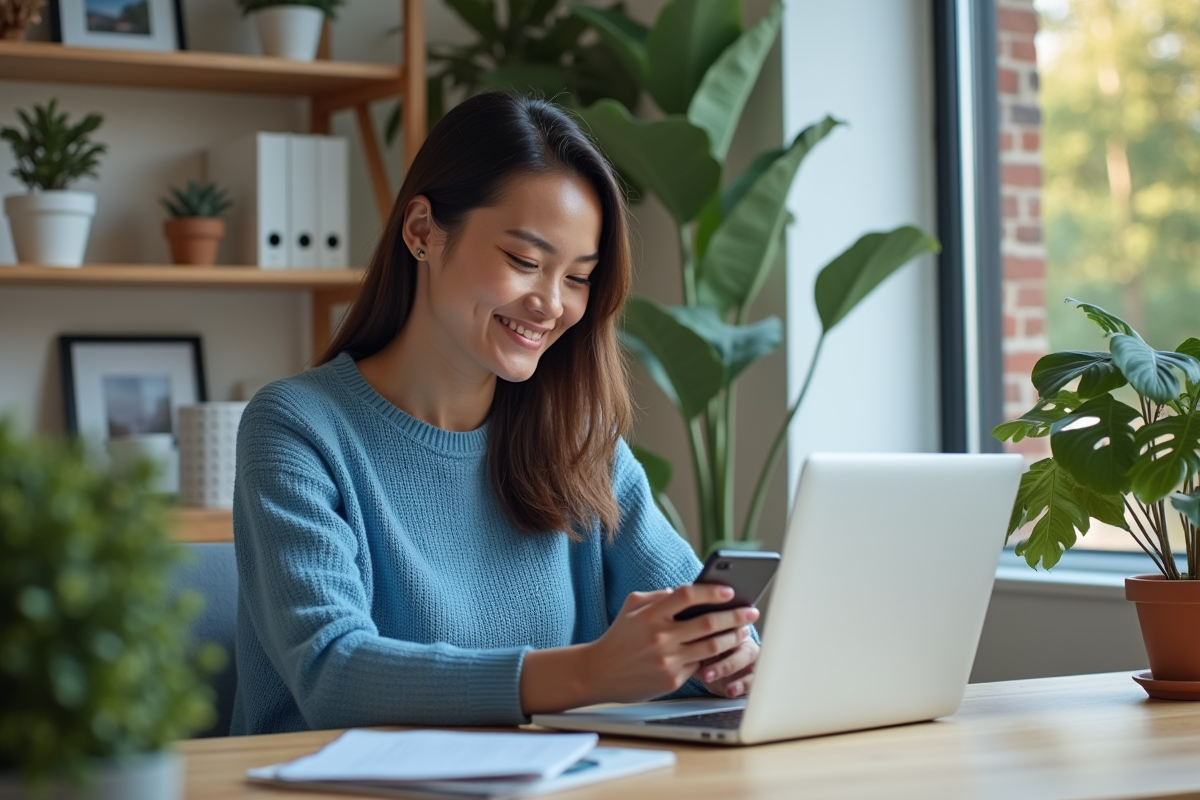 Femme souriante utilisant un ordinateur dans un bureau moderne