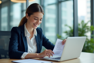 Jeune femme au bureau utilisant un ordinateur pour modifier un PDF
