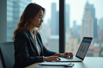 Femme d'affaires utilisant un tableau de bord marketing digital