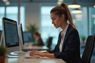 Femme en tenue professionnelle examine des données personnelles sur un ordinateur