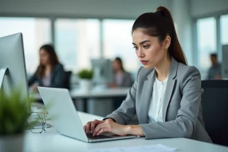Femme professionnelle vérifiant les destinataires en copie et copie cachée d'un email sur son ordinateur portable au bureau