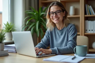 Femme en bureau moderne utilisant un ordinateur portable