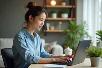 Femme au bureau à domicile vérifiant son ordinateur portable