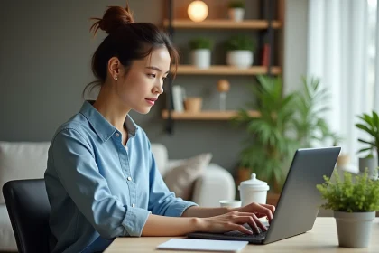 Femme au bureau à domicile vérifiant son ordinateur portable