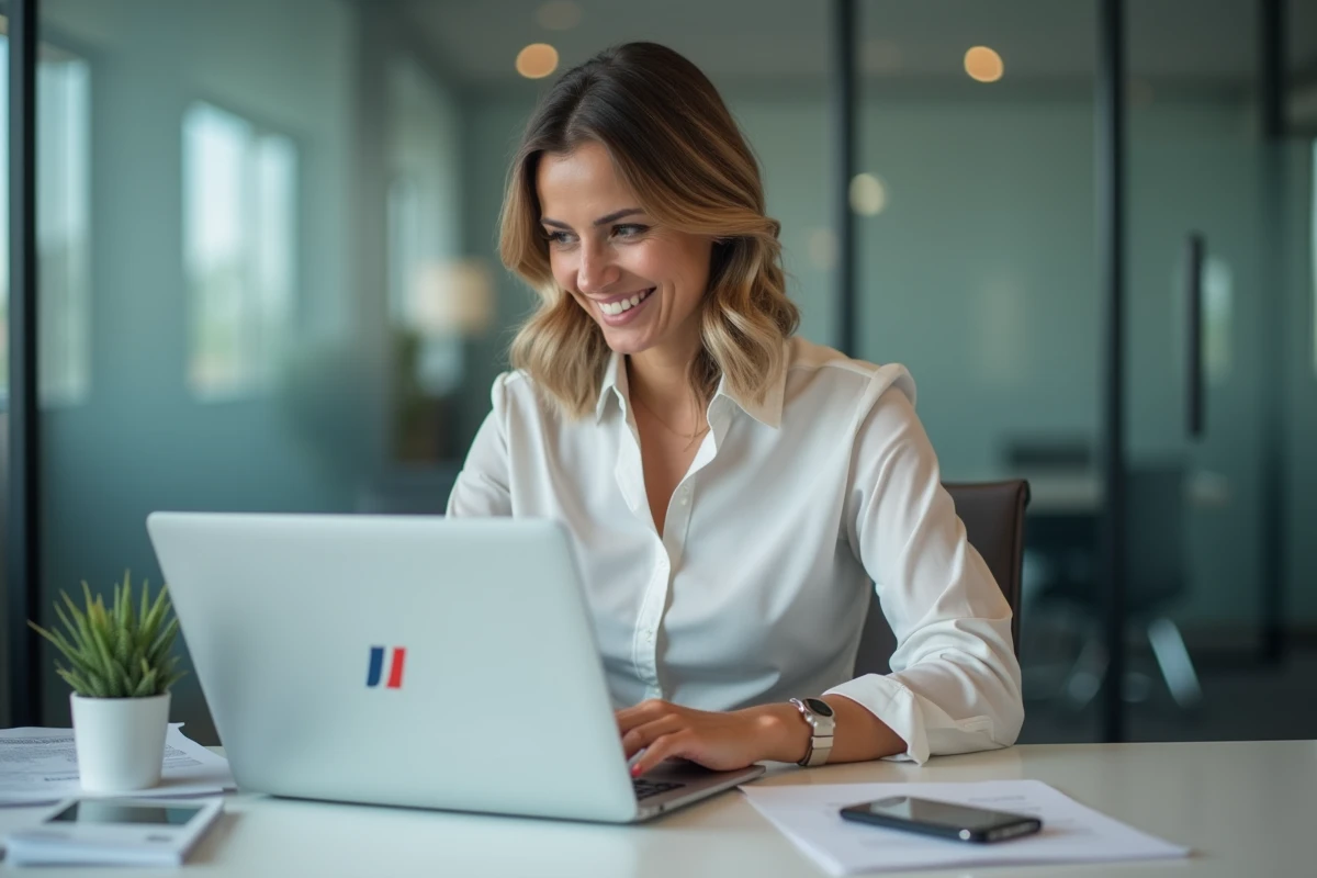 Femme professionnelle travaillant sur un laptop dans un bureau Air France