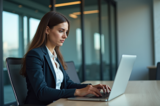 Femme en bureau moderne utilisant un ordinateur portable