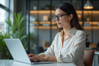Femme en blouse businesscasual travaillant sur son ordinateur