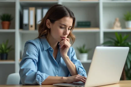 Femme en bureau moderne regardant son ordinateur