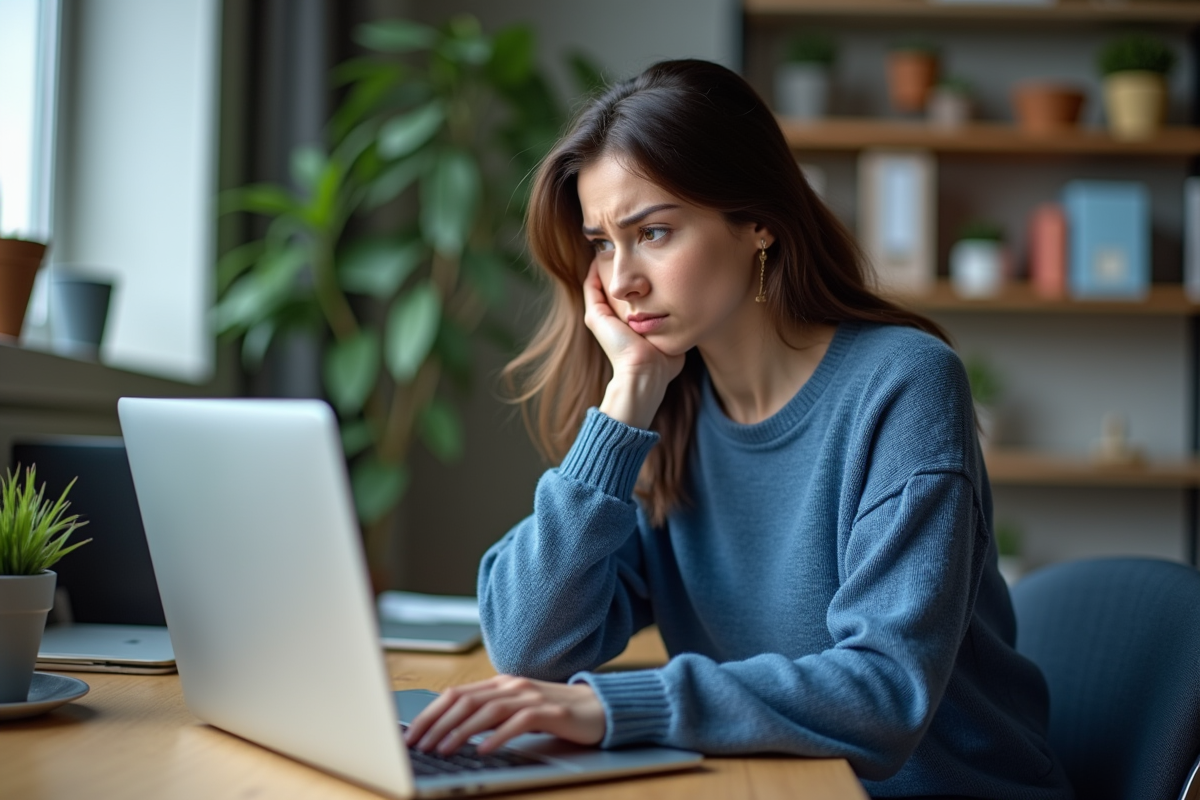 Jeune femme frustrée devant son ordinateur en home office