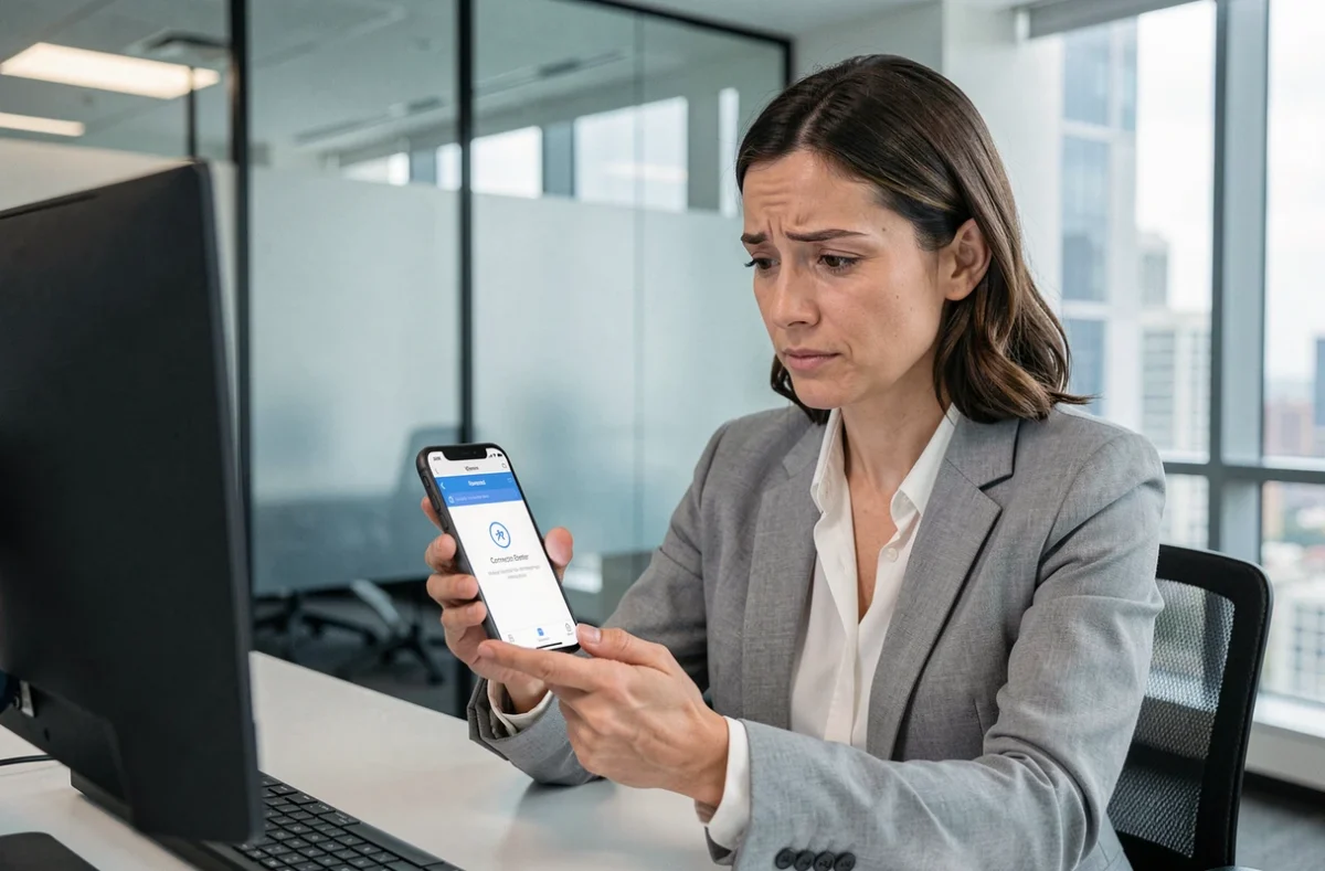 Femme au bureau consultant son smartphone pour résoudre un problème de connexion à la messagerie Orange