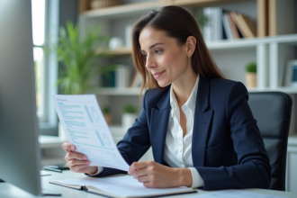 Femme en bureau moderne examinant un rapport de test