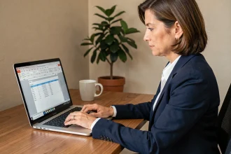 Femme professionnelle travaillant sur un tableau Word dans un bureau moderne