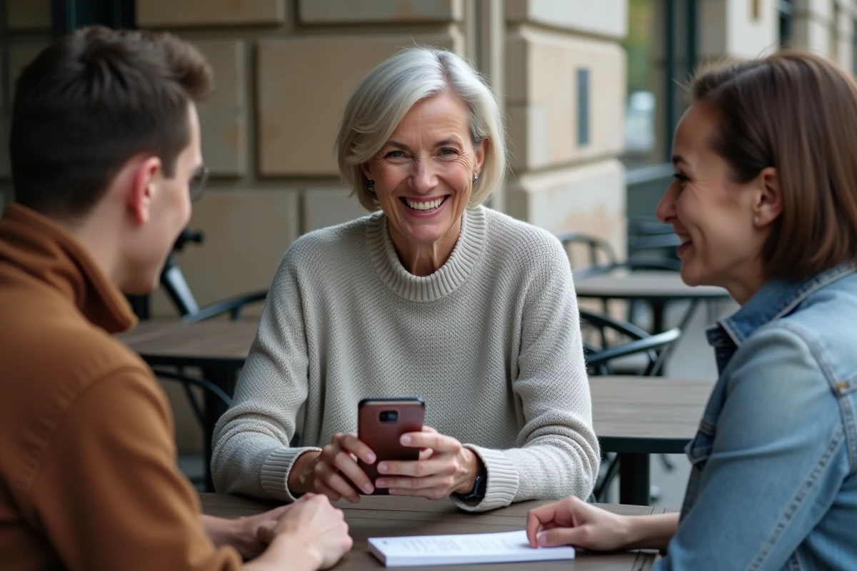 Femme souriante montrant un gadget à ses amis au café
