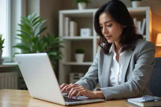 Femme utilisant Excel sur un ordinateur portable pour calculer des pourcentages dans un bureau à domicile moderne