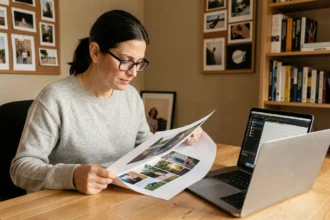 Femme examinant une feuille imprimée et un calculateur de résolution en pixels par cm sur son ordinateur portable dans un bureau à domicile