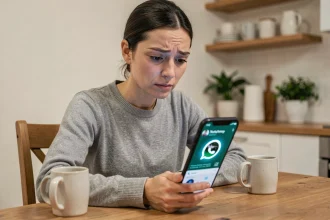 Femme regardant le cercle bleu WhatsApp sur son smartphone avec une expression interrogative, assise dans une cuisine moderne