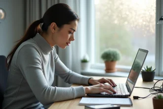 Femme utilisant un clavier Dell sur un bureau en bois dans un bureau à domicile moderne