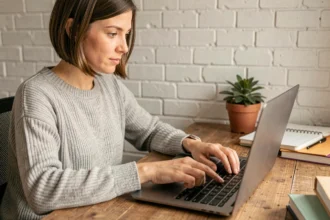 Femme utilisant un clavier d'ordinateur portable pour saisir un arobase dans un bureau à domicile