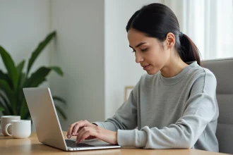 Femme tapant sur un clavier d'ordinateur portable en cherchant le raccourci pour la lettre È majuscule accent grave