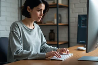 Femme utilisant un clavier d'ordinateur pour taper le signe arobase et des caractères spéciaux sur Windows