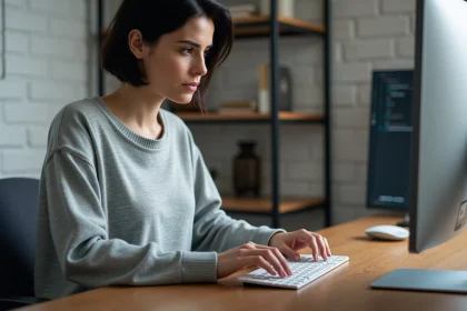Femme utilisant un clavier d'ordinateur pour taper le signe arobase et des caractères spéciaux sur Windows
